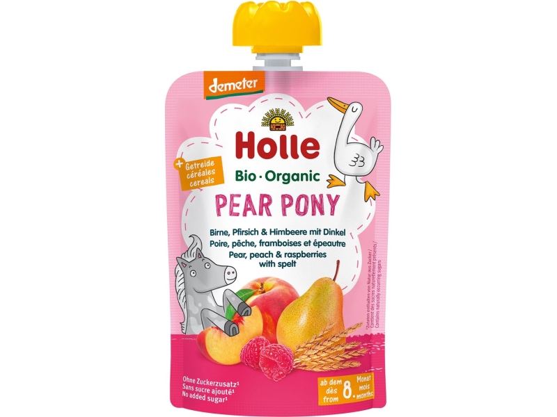 HOLLE Pear Pony Pouchy Poire, pêche, framboise et épeautre bio 100 g